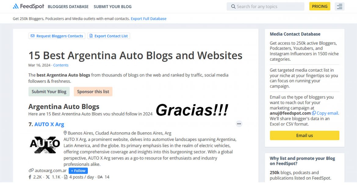 Para la consultora digital Feedspot, Auto X es uno de los 15 mejores blogs de autos de Argentina